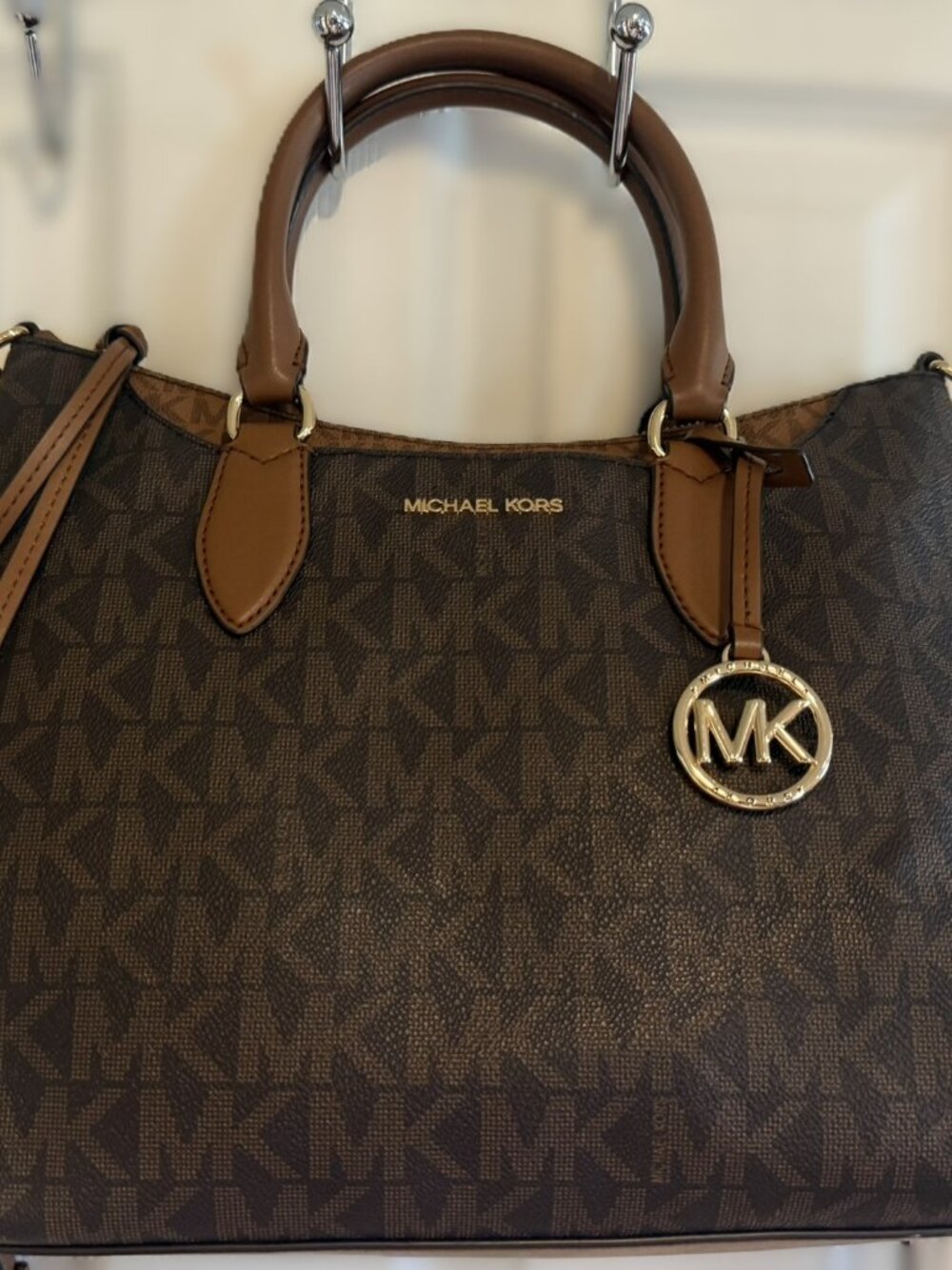 Michael Kors Austen Medium Signature Logo Satchel in Brown & Tan
